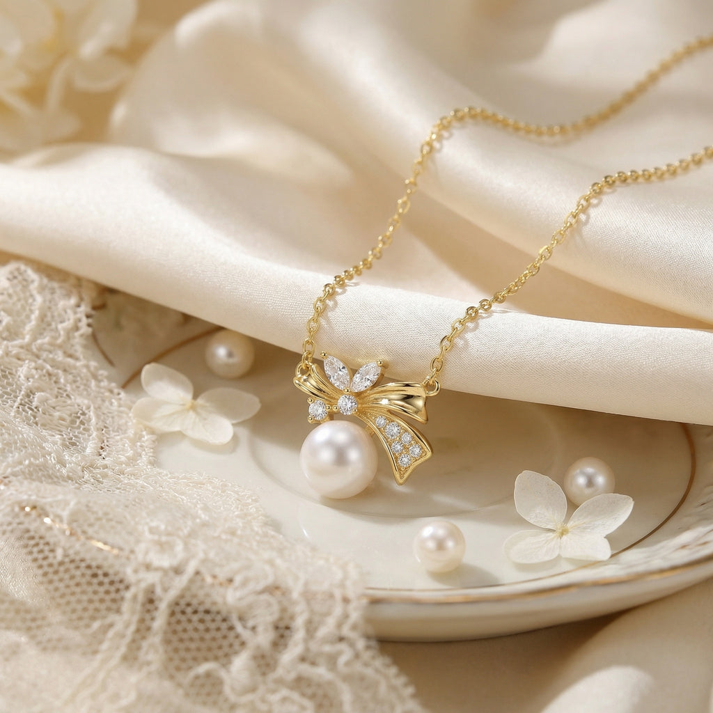 925 Sterling Silver Elegant Bowknot Pearl Pendant Necklace with Sparkling Accents