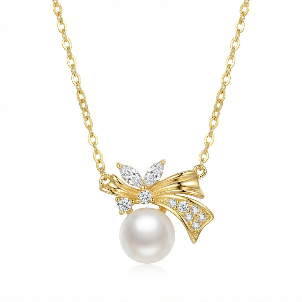 925 Sterling Silver Elegant Bowknot Pearl Pendant Necklace with Sparkling Accents