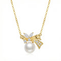 925 Sterling Silver Elegant Bowknot Pearl Pendant Necklace with Sparkling Accents